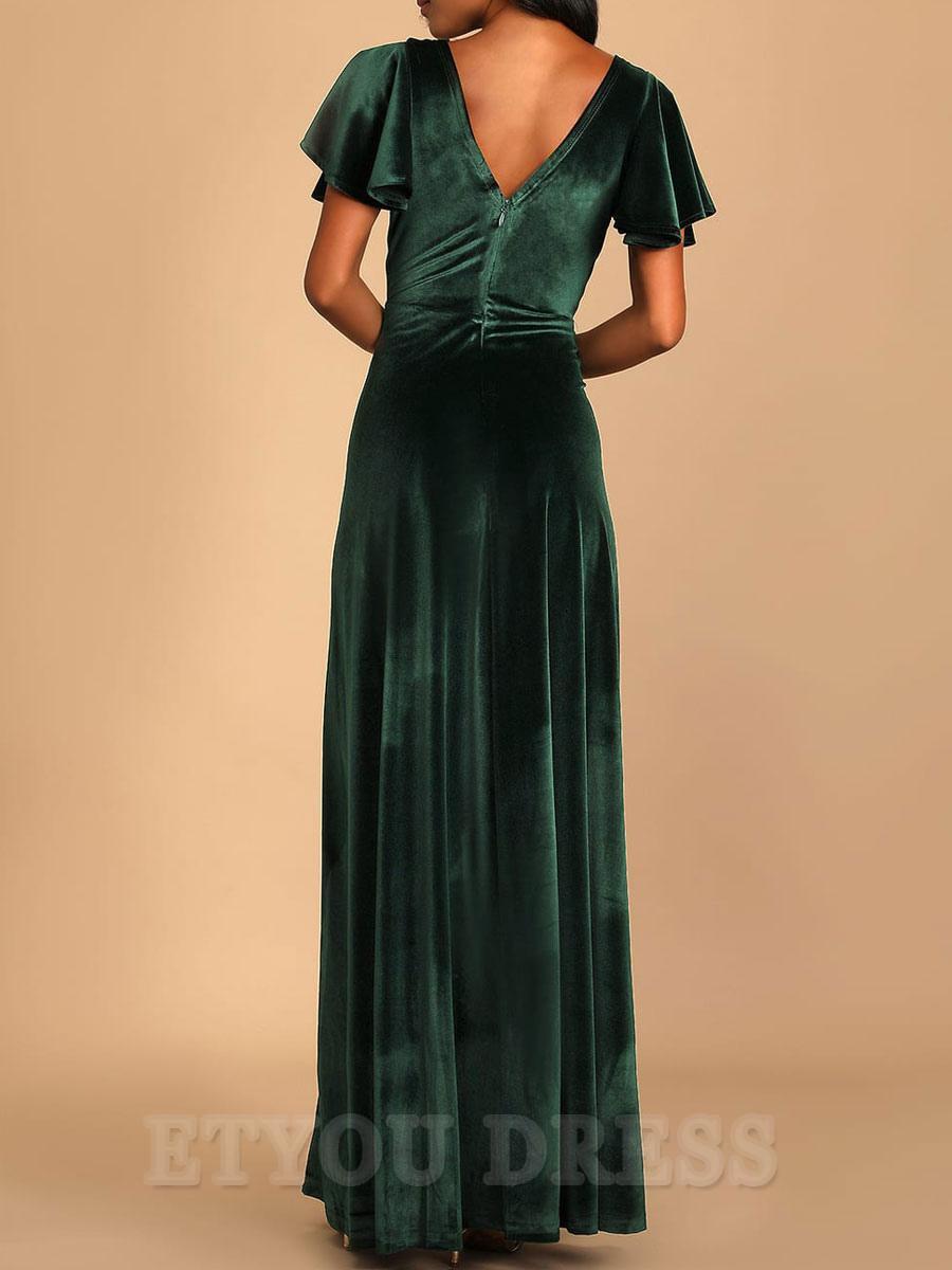 A-line V Neck Short Sleeves Zipper Floor-Length formal dresses evening gown Prom Dress
